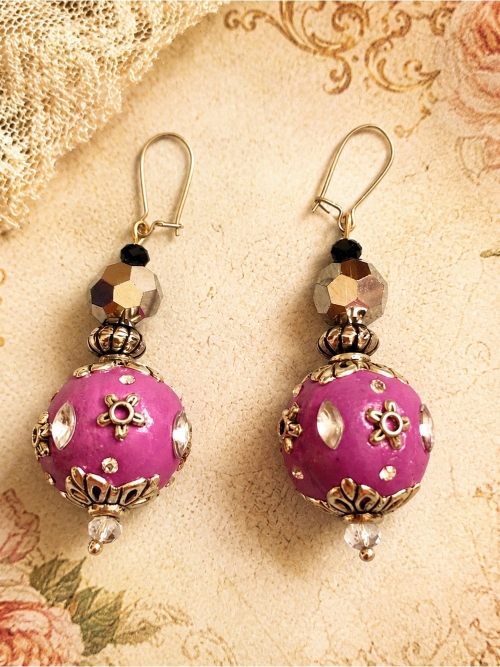 Vintage-Inspired Magenta Jeweled Statement Drop Earrings
